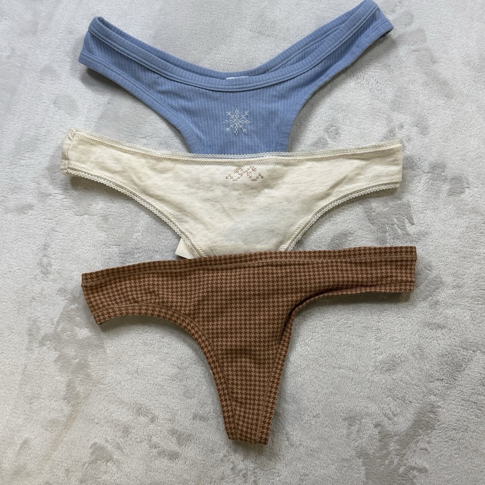 Aerie Lot of 3 Thong Panties Size Small S NWT Blue Ivory Brown Cotton Blend
